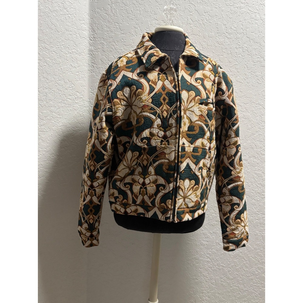 PacSun Mens Tapestry Floral Quilted Woven Full Zip Jacket Green Tan Medium